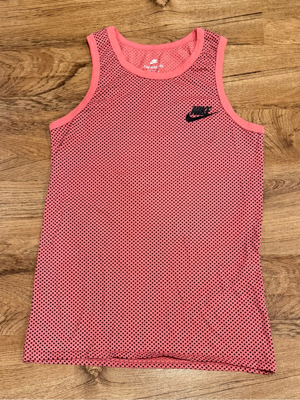 Nike Men's Polk-A-Dot. Salmon-Pink Tank with Black Swoosh, Size Small